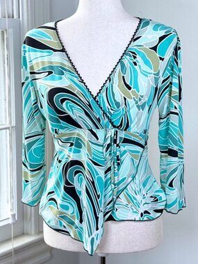 Vtg Y2K IN Studio Wrap Top Abstract Swirl Teal Surplice Handkerchief Medium FLAW